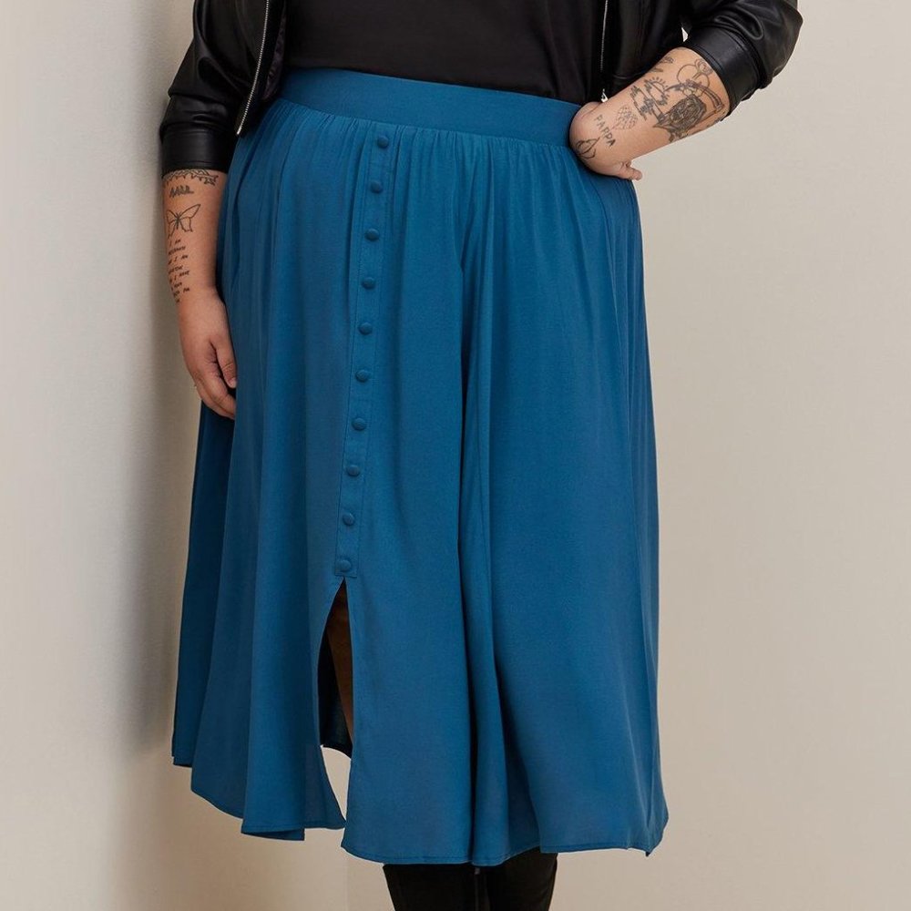 Blue Tea Length Challis Button Front Skirt